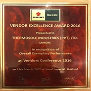 Thermosole Industries was awarded the OVERALL PERFORMANCE Supplier award by Pak Suzuki Motor Co. Ltd on 16th March 2017 at the annual suppliers conference in Pattaya, Thailand.